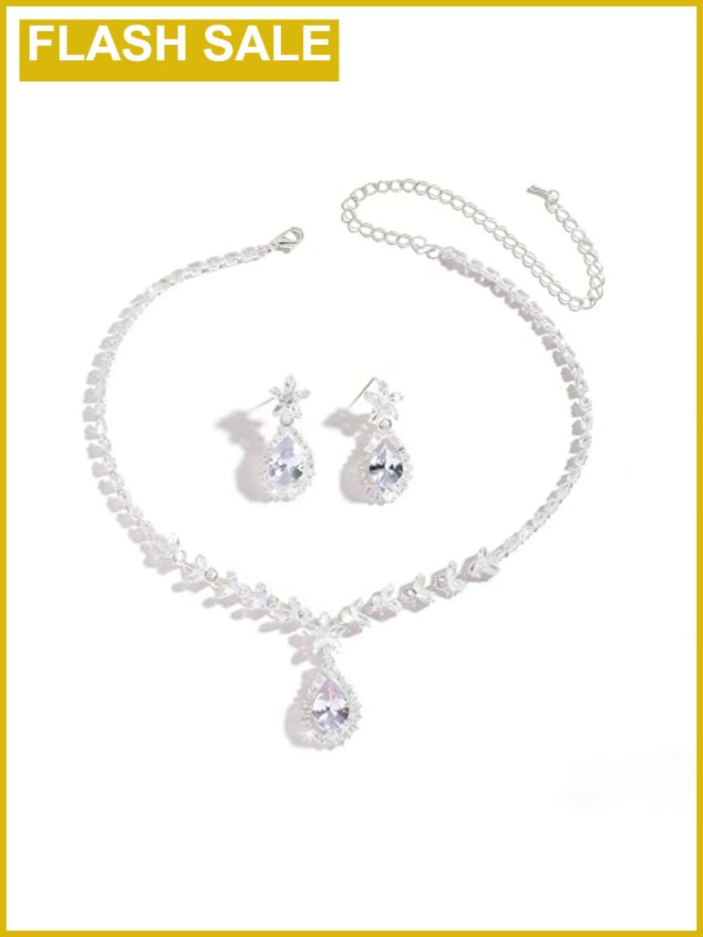 Sterling Silver Plated Crystal Bridal Jewelry Set Necklace Earrings
